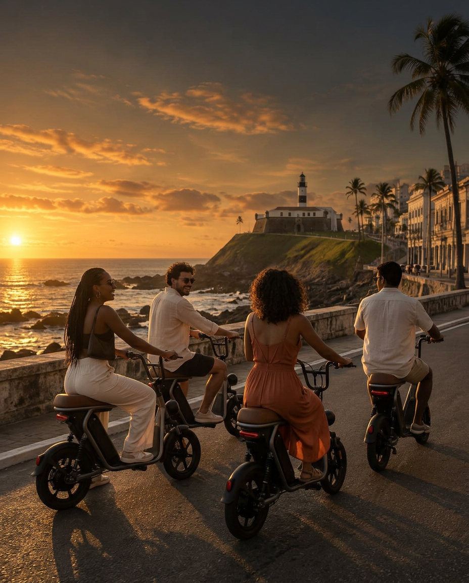 Amigos passeando de scooters elétricas em Salvador no fim da tarde